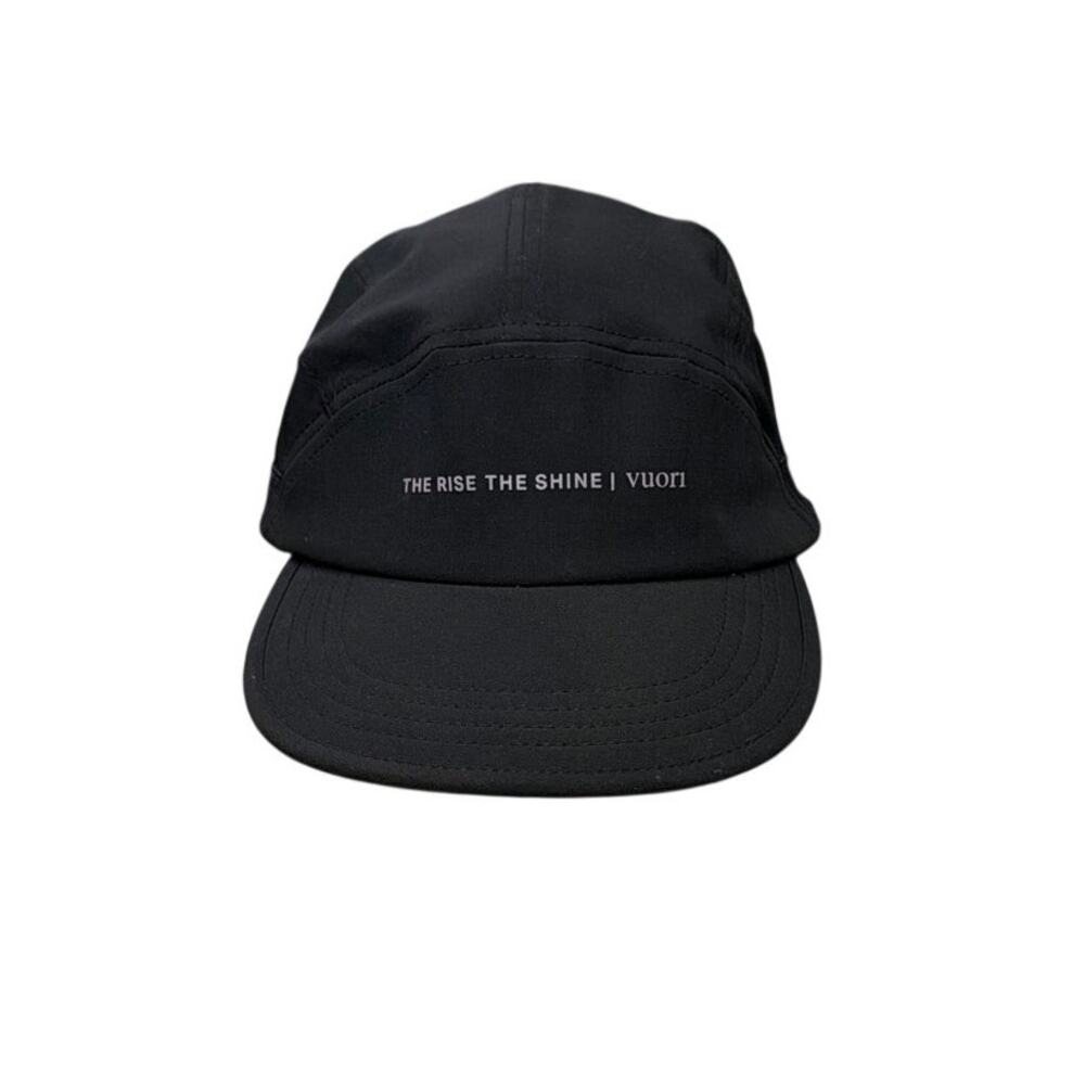 Vuori Trail Run Cap in black featuring a "The Rise The Shine" graphic One Size
